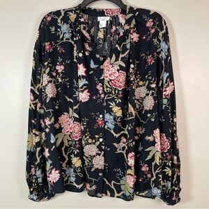 H&M Black Floral Button-Down Shirt with Pink, Blue, and Cream Flowers